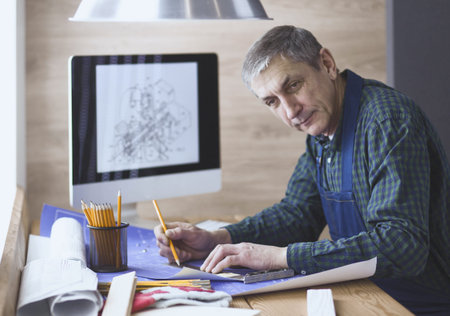 Engineer carpenter working on laptop and sketching project