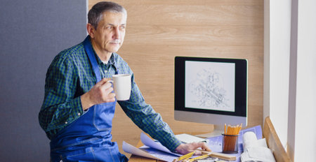 Engineer carpenter working on laptop and sketching projectの写真素材