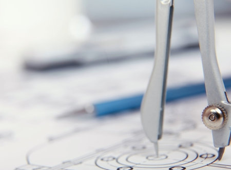 Female architect working with blueprints at office desk