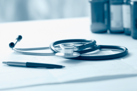 Closeup of a stethoscope on a rx prescriptionの写真素材