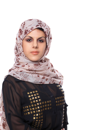 Young asian woman portrait wearing a red head scarfの写真素材
