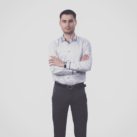 Two business men standing isolated on white backgroundの写真素材