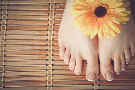 Care for beautiful woman legs on the floorの写真素材