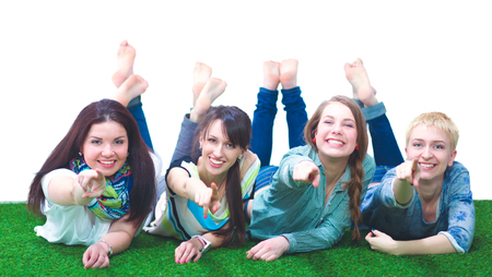 happy students  showing sign okの写真素材