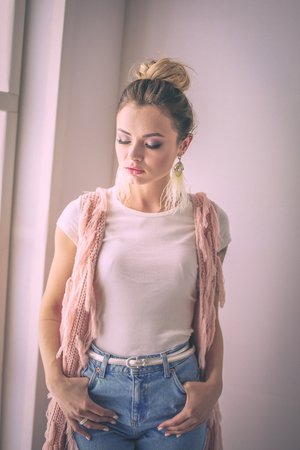 Beautiful woman standing in study. Beautiful woman.の写真素材