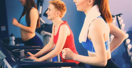 Group of people at the gym exercising on cross trainers. people at the gymの写真素材