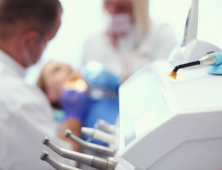 Different dental instruments and tools in a dentists office.の写真素材