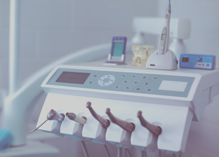 Close up view at set of dentist tools in modern dental officeの写真素材