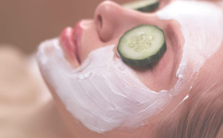 Beautiful young woman receiving facial mask of cucumber in beauty salon