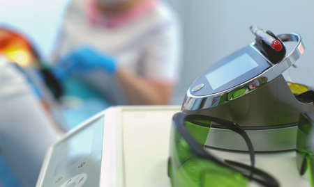 Close up view at set of dentist tools in modern dental officeの写真素材