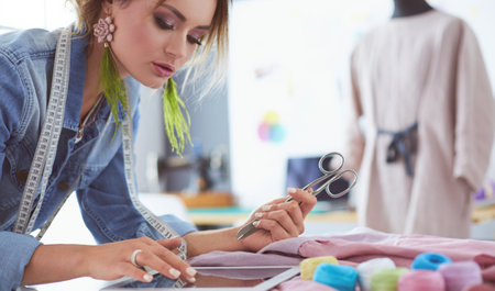 Fashion designer woman working on her designs in the studioの写真素材