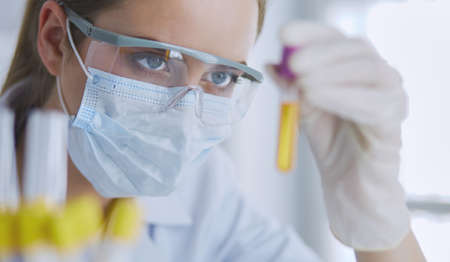 Researcher, doctor, scientist or laboratory assistant working with plastic medical tubes in modern lab or hospitalの写真素材
