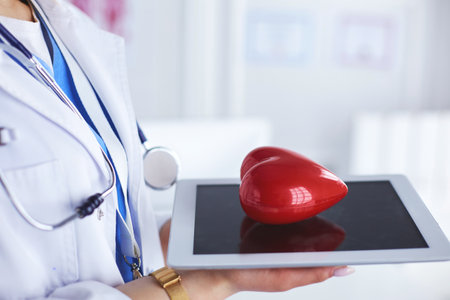 Female doctor with stethoscope holding heart, on light backgroundの写真素材