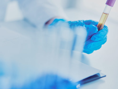 Woman researcher is surrounded by medical vials and flasks, isolated on white background