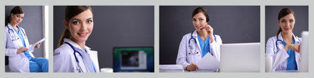 Nurse holding folder and taking notes - sitting on grey backgroundの写真素材