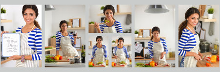 Young woman in the kitchen preparing a foodの写真素材