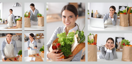 Beautiful young woman cooking looking at laptop screen with receipt in the kitchenの写真素材