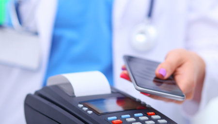 Doctor is holding payment terminal in hands. Paying for health care. Doctorの写真素材