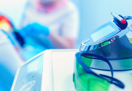 Close up view at set of dentist tools in modern dental officeの写真素材