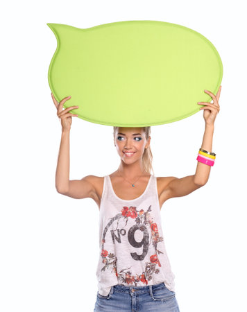 Young woman with blank board banner, isolated on white