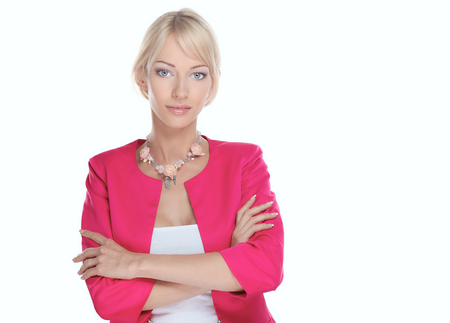 Portrait of pretty young woman with beads, isolated on white backgroundの写真素材