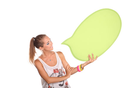 Young woman with blank board banner, isolated on white
