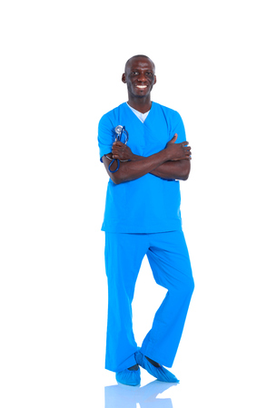 Portrait of a doctor man standing isolated on white backgroundの写真素材