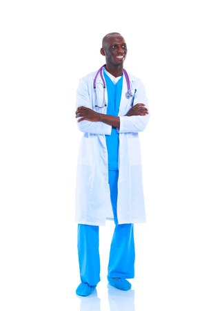 Portrait of a doctor man standing isolated on white backgroundの写真素材