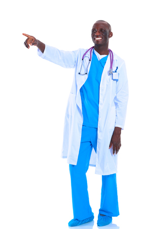Doctor man with stethoscope point finger upの写真素材