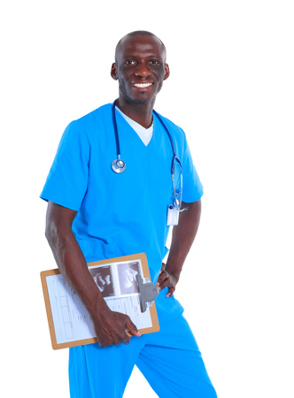 Male doctor standing with folder, isolated on white backgroundの写真素材