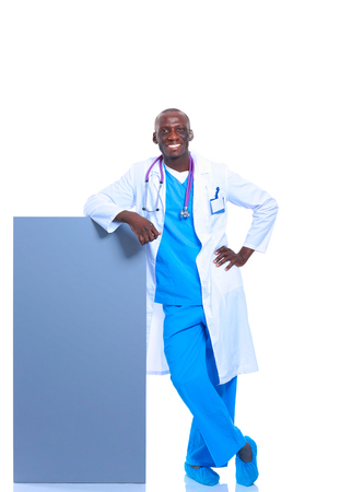 Male doctor holding empty placard.の写真素材
