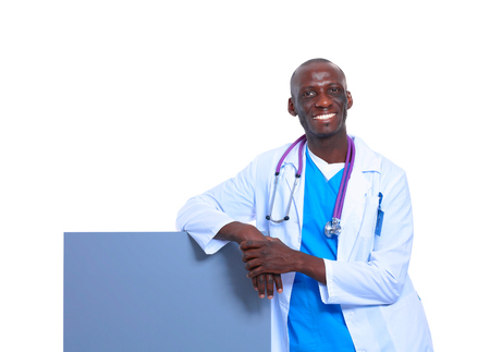 Male doctor holding empty placard.の写真素材