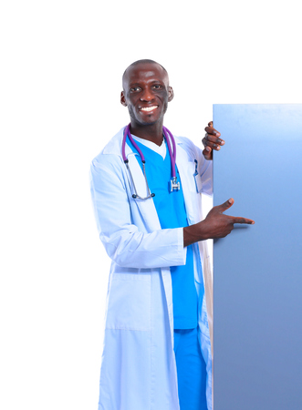 Male doctor holding empty placard.の写真素材