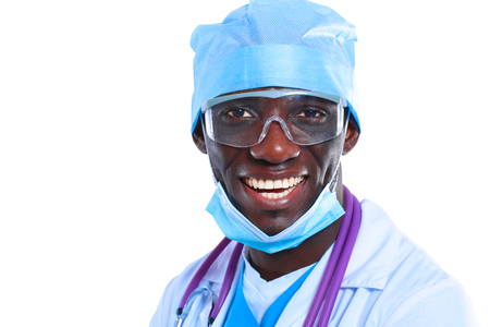 Portrait of a doctor wearing a mask and uniform. isolated on white backgroundの写真素材