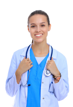 Beautiful caucasian nurse on white background.の写真素材