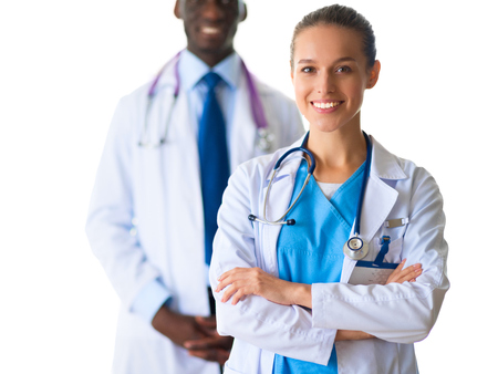 A medical team of doctors, man and woman, isolated on white backgroundの写真素材