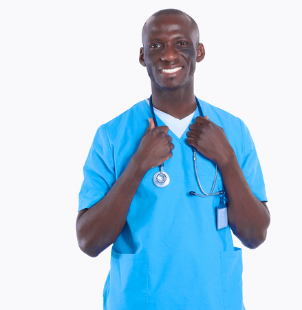 Portrait of a doctor man standing isolated on white backgroundの写真素材