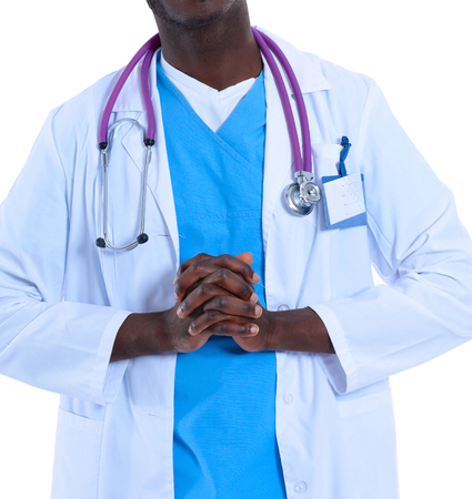 Portrait of a doctor man standing isolated on white backgroundの写真素材