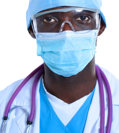 Portrait of a doctor wearing a mask and uniform. isolated on white backgroundの写真素材