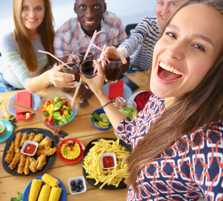 Group of people doing selfie during lunch.の写真素材