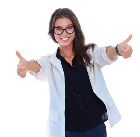 Beautiful business woman with her thumb up, showing oK.の写真素材