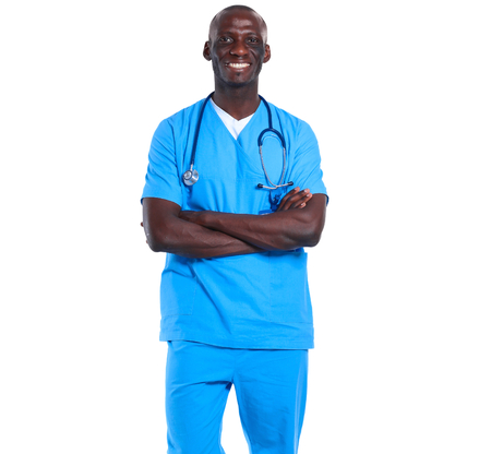 Portrait of a doctor man standing isolated on white backgroundの写真素材