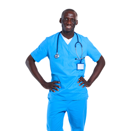Portrait of a doctor man standing isolated on white backgroundの写真素材