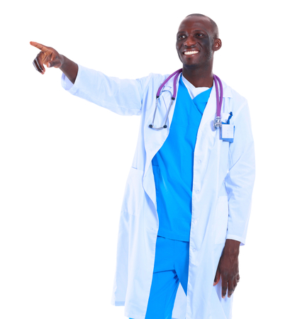 Doctor man with stethoscope point finger upの写真素材