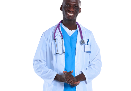 Portrait of a doctor man standing isolated on white backgroundの写真素材
