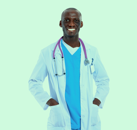Portrait of a doctor man standing isolated on white backgroundの写真素材
