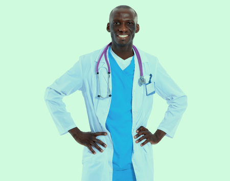 Portrait of a doctor man standing isolated on white backgroundの写真素材