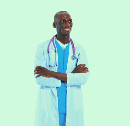 Portrait of a doctor man standing isolated on white backgroundの写真素材