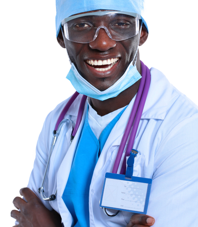 Portrait of a doctor wearing a mask and uniform. isolated on white backgroundの写真素材