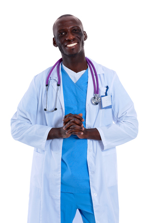 Portrait of a doctor man standing isolated on white background.の写真素材